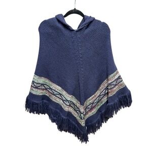 LOOK Navy Blue Knit Hooded Poncho Fringe Aztec Stripe Boho Women's